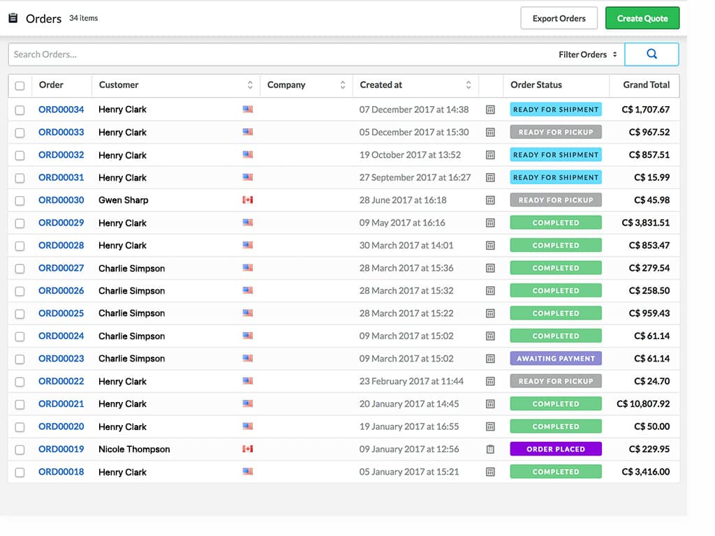 Example of Lightspeed Retail online orders lists.