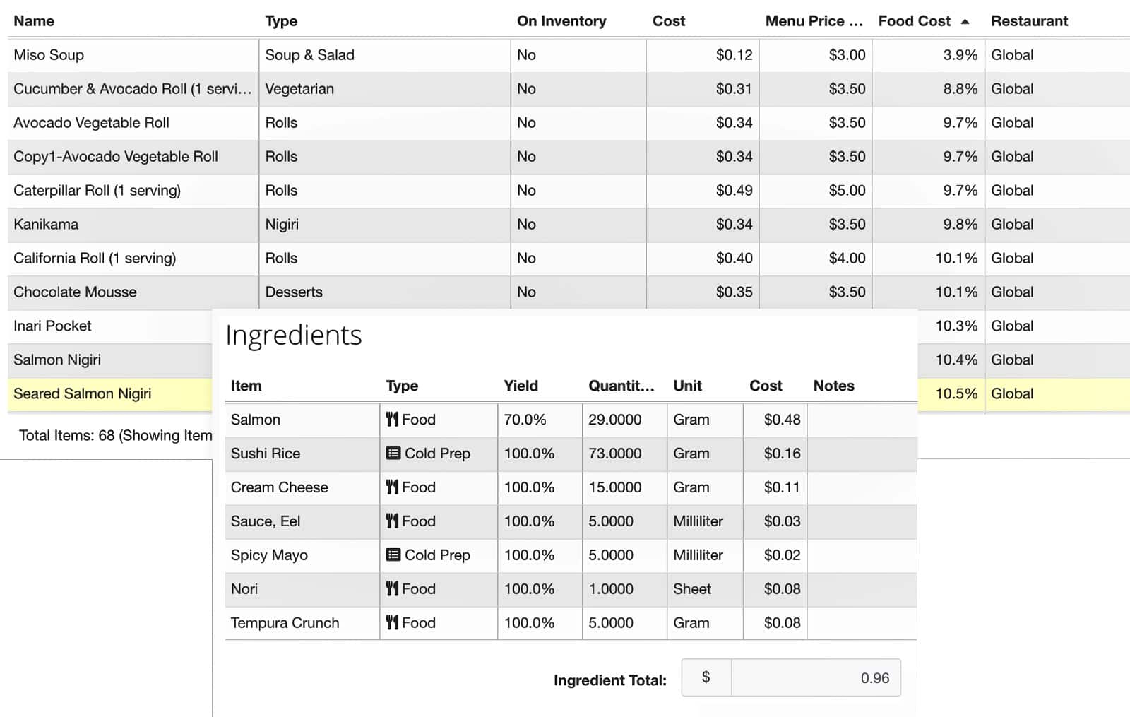 List of products with its type, inventory, cost, menu price for recipe costing report recipe costing report in MarginEdge.