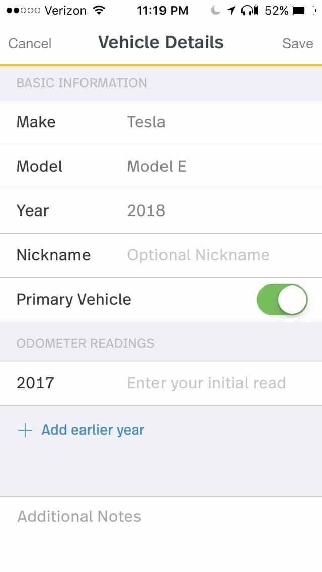 Screenshot of MileIQ Adding a Vehicle Information
