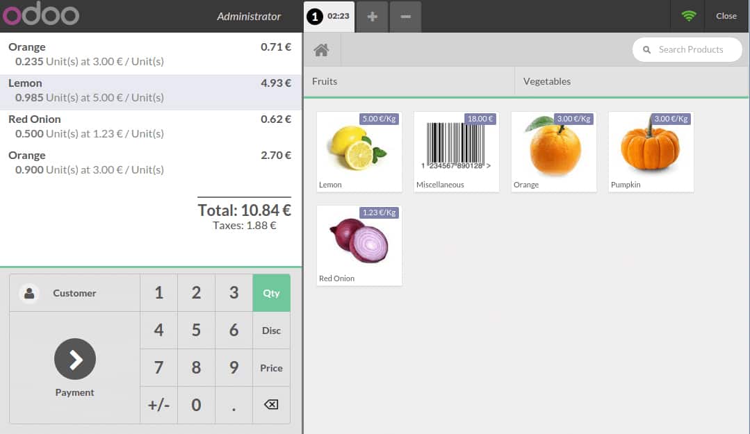 Odoo main point of sale interface.
