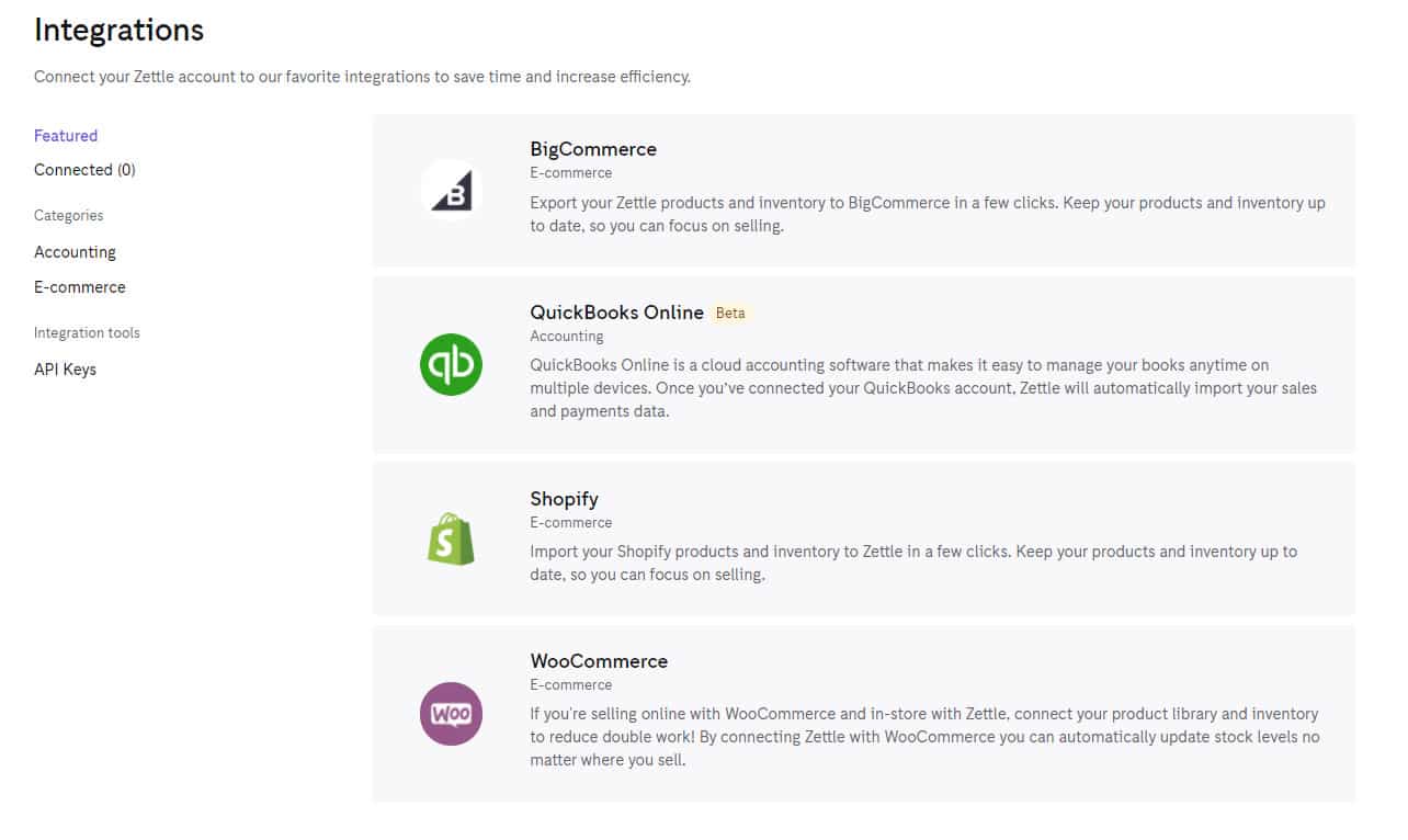 Screensho of PayPal Zettle integrations