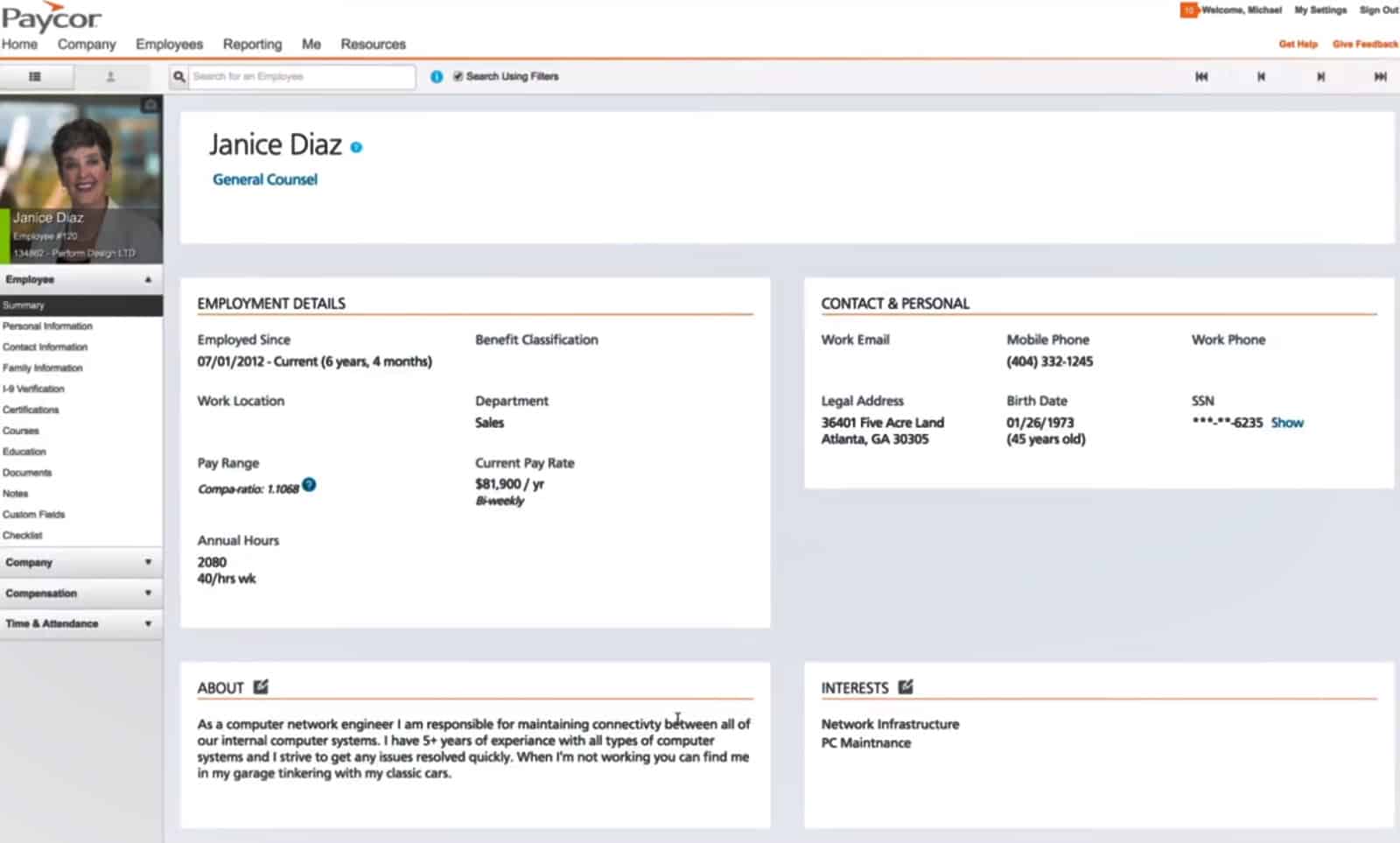 employee dashboard showing details, about information, contact, and interests