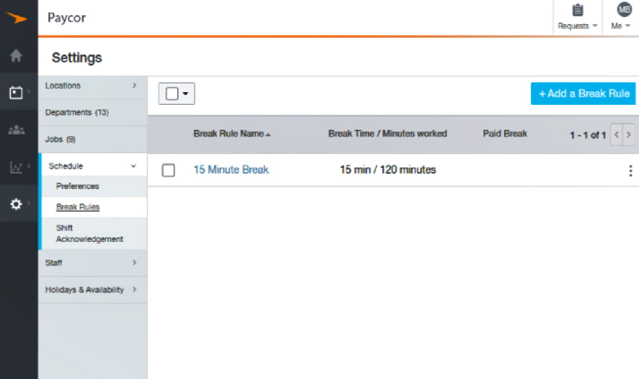 Screenshot of Paycors set daily weekly scheduling rules