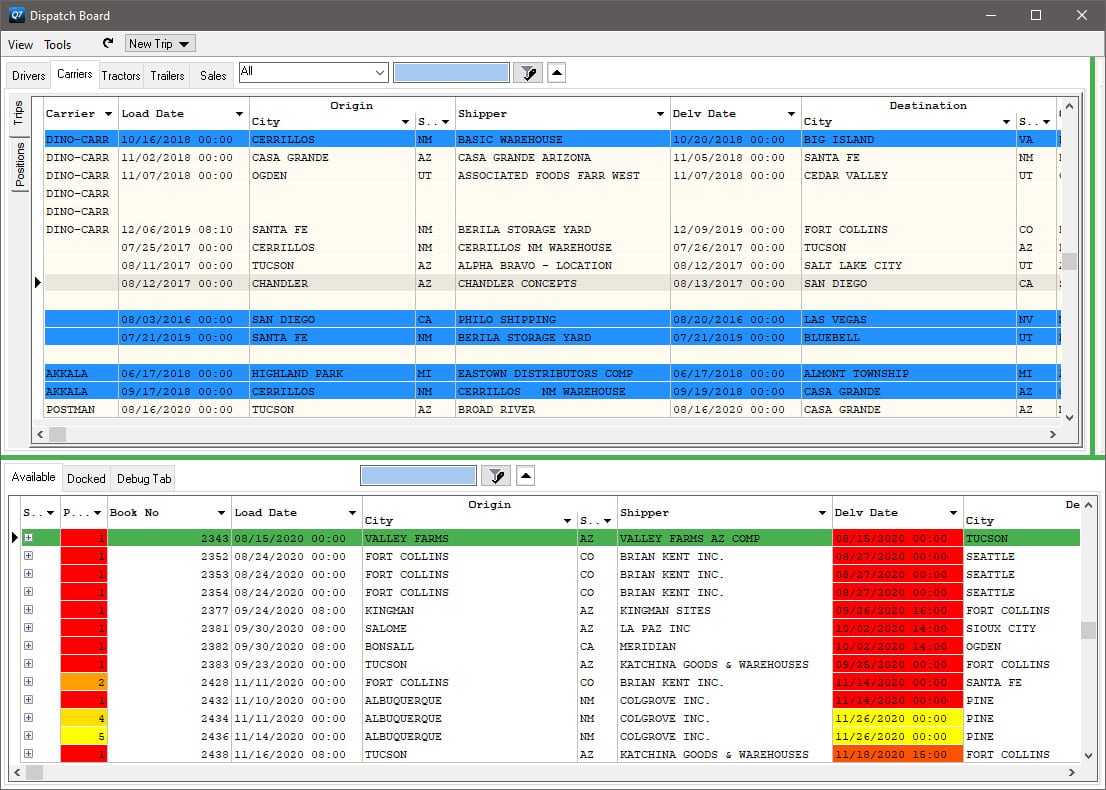 Screenshot of Q7 Brokerage Dispatch Board Example