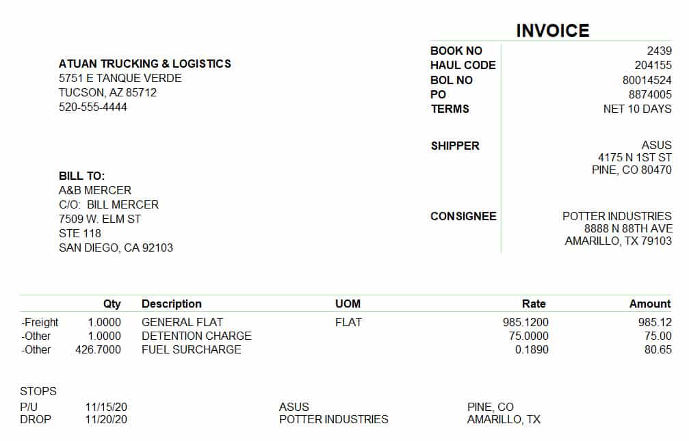 Screenshot of Q7 Freight Invoice Example