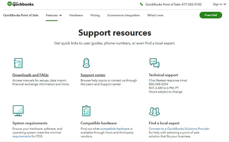 Screenshot of QuickBooks Support resources page
