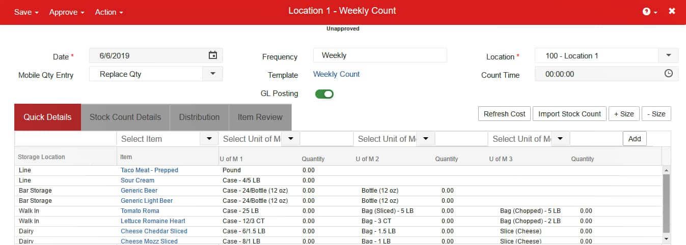 Sample image of Restaurant365 inventory reporting.