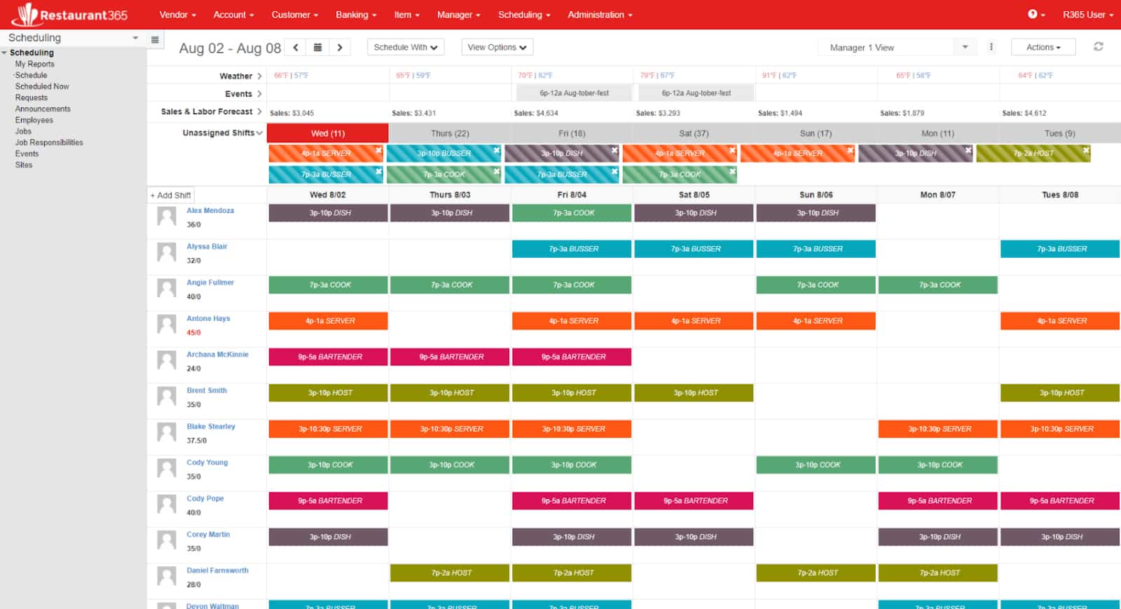Screenshot of Restaurant365 Scheduling module