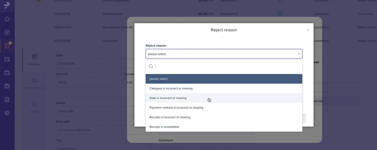 Screenshot of Rydoo Approver Rejecting Expense