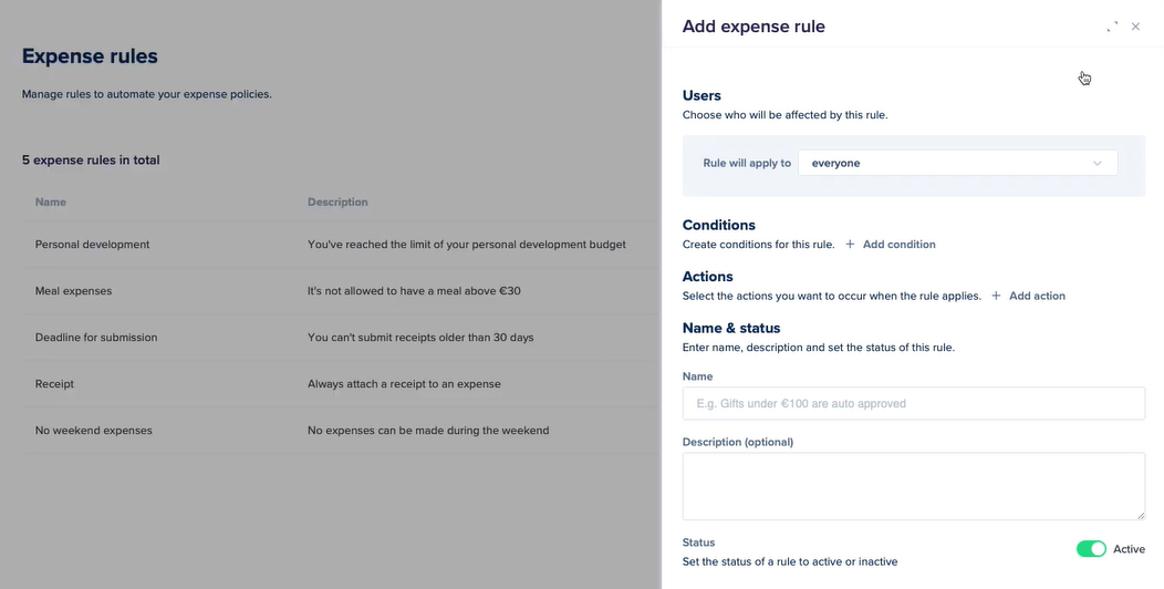 Screenshot of Rydoo create expense rule