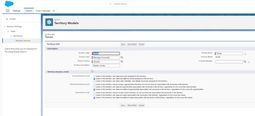 Salesforce easily create territories and include essential information