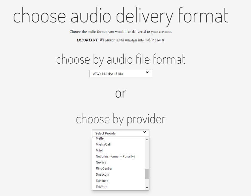 Snap Recordings audio file format options.