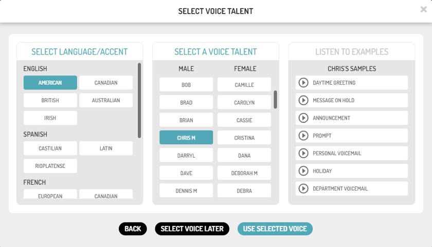 Snap Recordings gives you the option to select a voice talent.