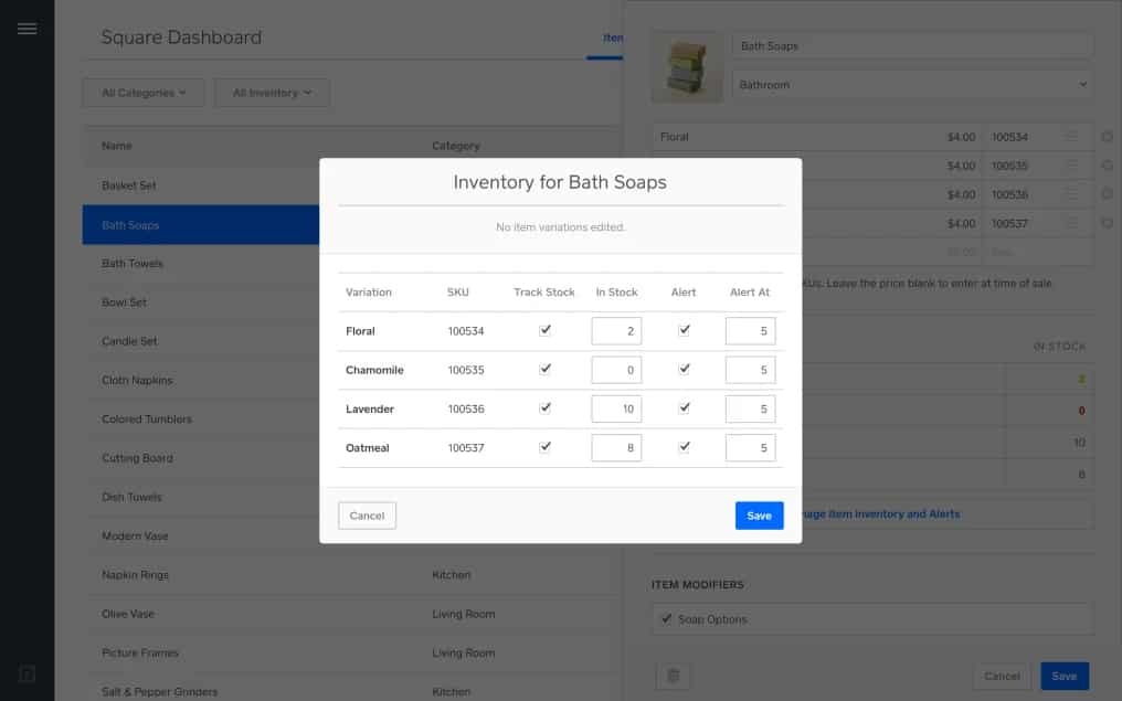 Example Square POS inventory managing for bath soaps