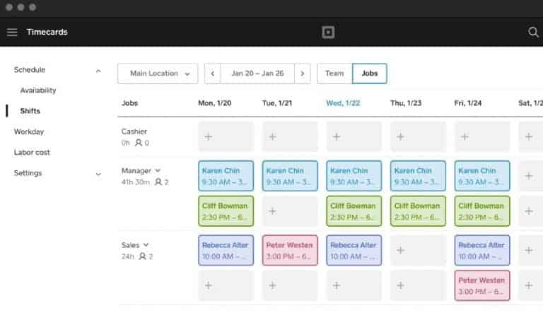 Square POS timecards dashboard, view of planned shifts by employee.