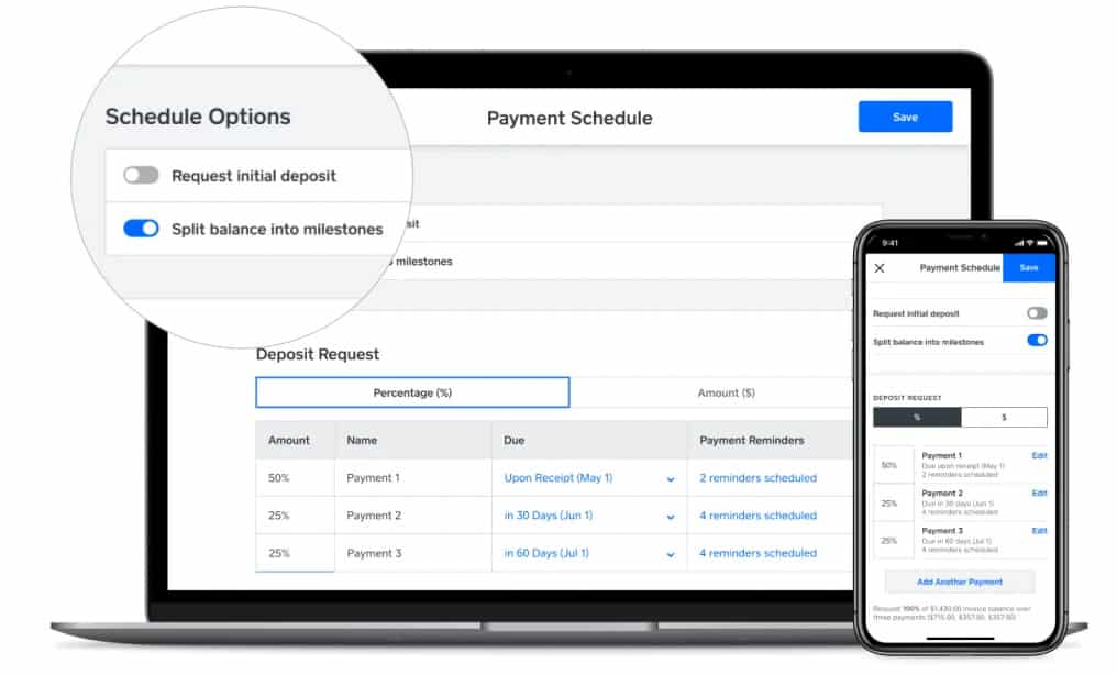 Square lets you make invoices for multiple estimates, split payments, and more.