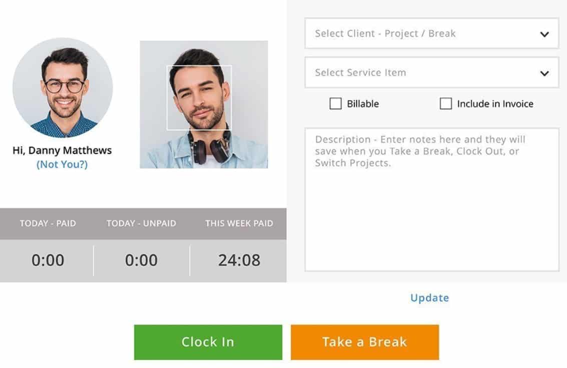 Screenshot of Time Tracker facial detection feature