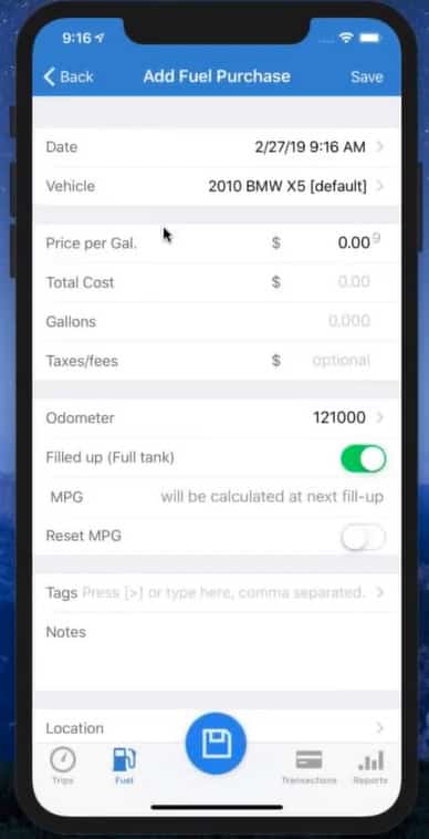 Screenshot of TripLo Adding Fuel Expense