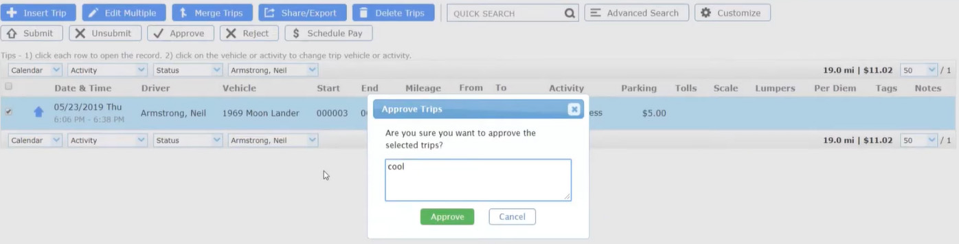 TripLo approving mileage expenses.