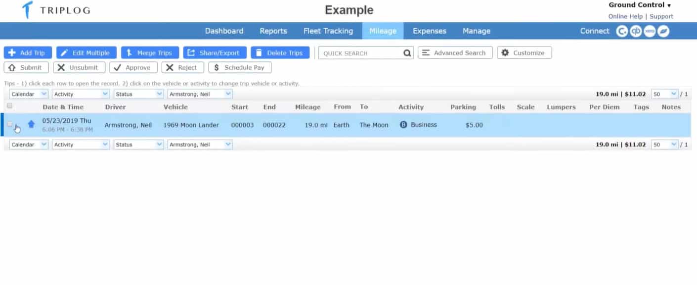 Screenshot of TripLo Submitted Expenses View