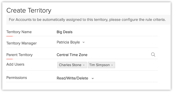 Zoho CRM territory management feature.