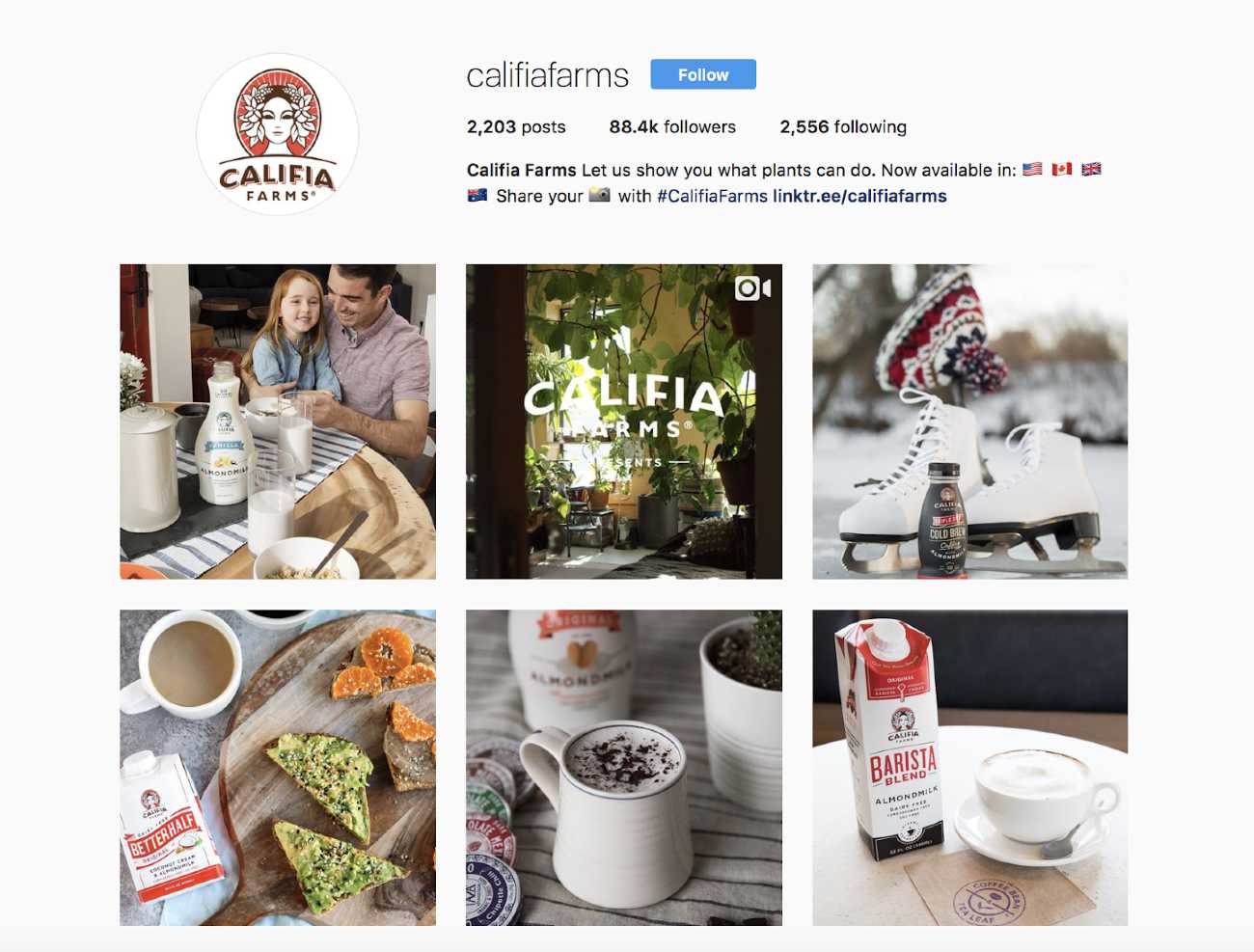 Screenshot of Califia Farms Instagram