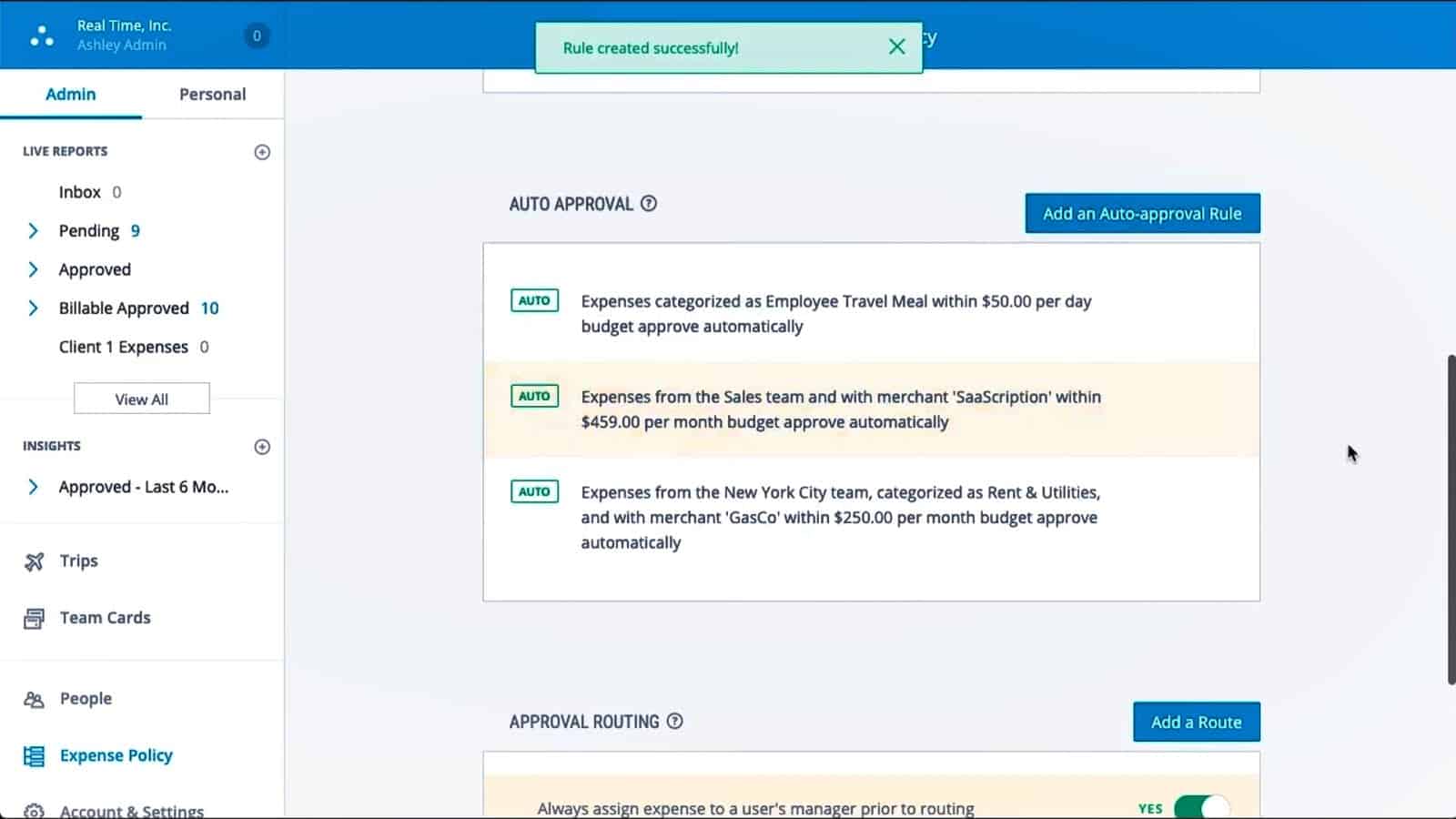 Screenshot of Emburse Abacus Auto-approval Policies
