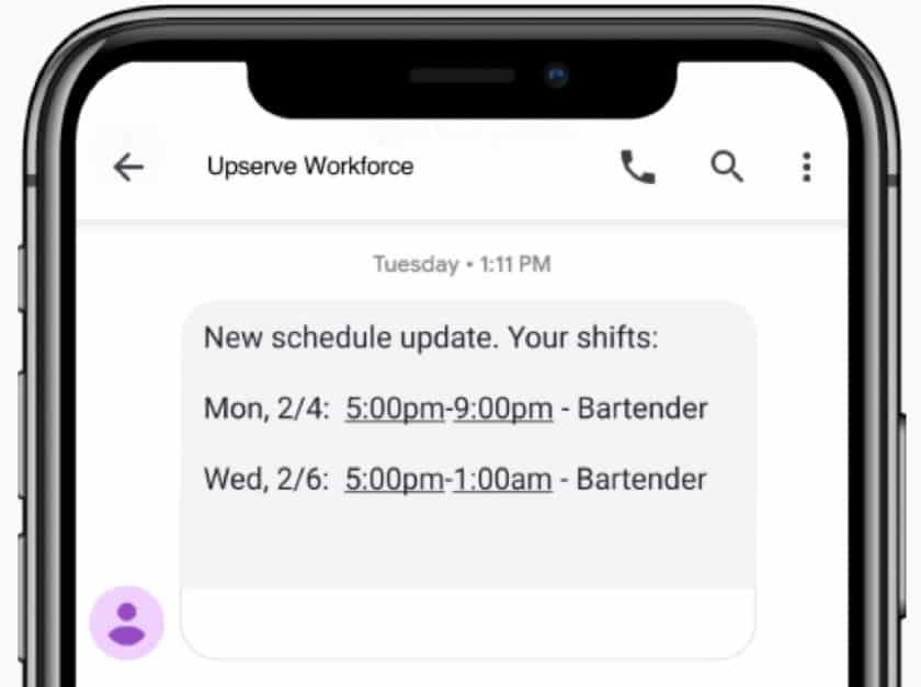 Showing Upserve's staff scheduling message.