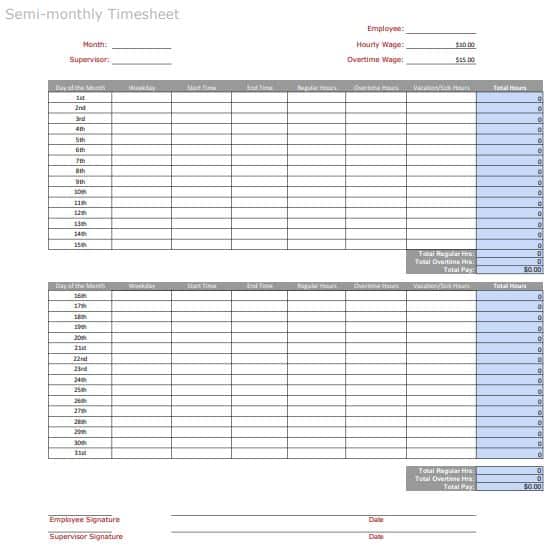 Bi Monthly Timesheet Template Excel