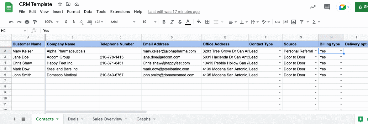 Tracking sheets in four separate tabs in the Google CRM workbook.
