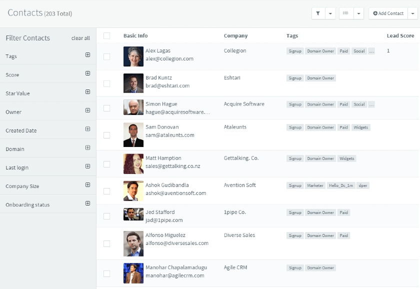 Agile CRM Contacts List and Filter Options