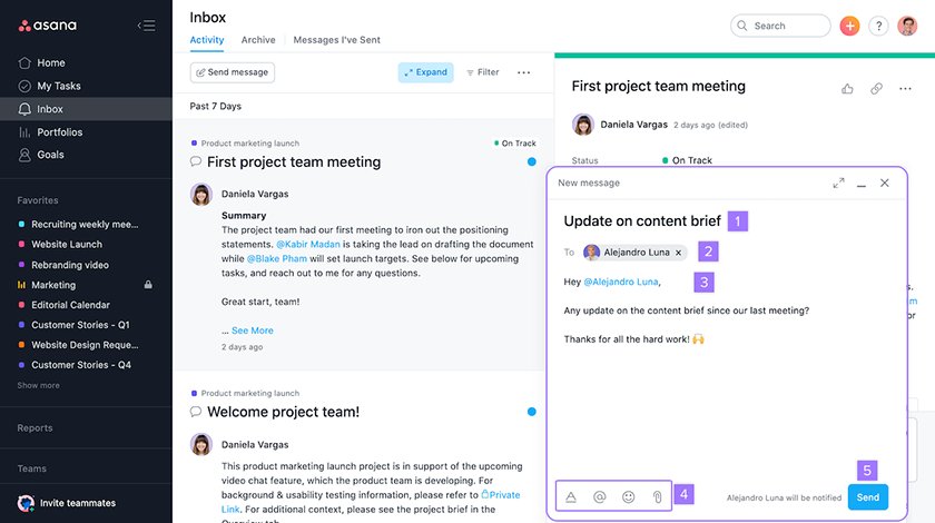 Asana team internal messaging on tasks or projects.