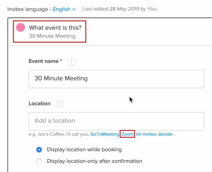 Calendly meeting confirmation with Zoom option