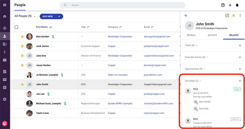 Screenshot of Copper CRM Integration with DocuSign