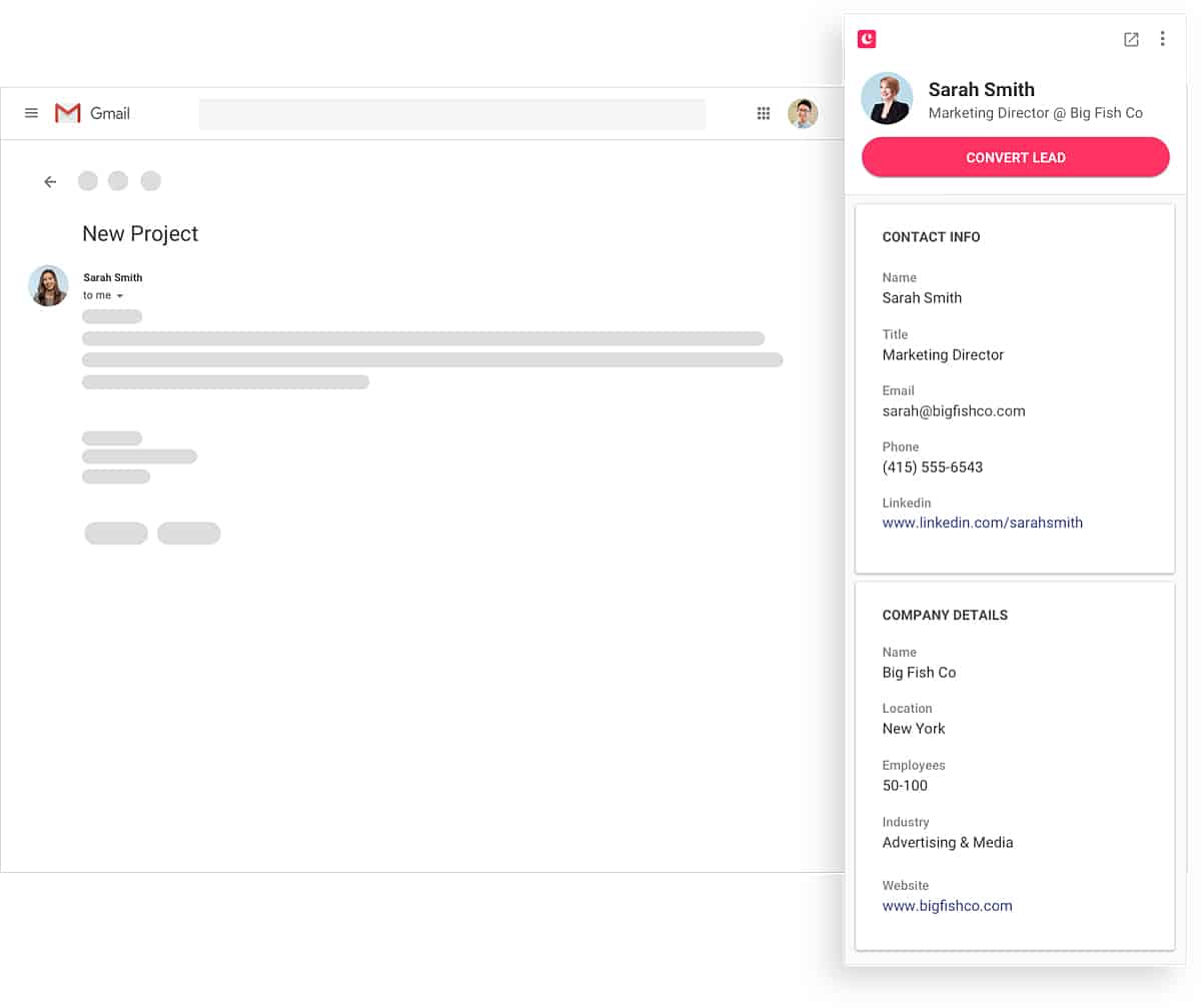 Screenshot of Copper CRM Convert Lead Feature From Gmail