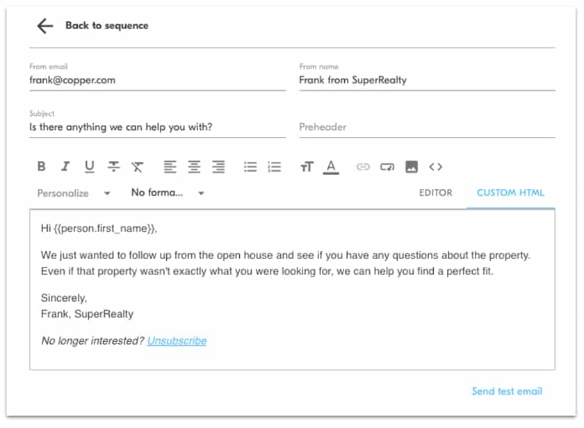 Screenshot of Copper CRM Email Template