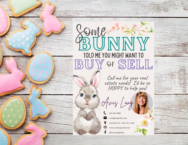Easter cookies with card that says, "Some bunny told me you might want to buy or sell."