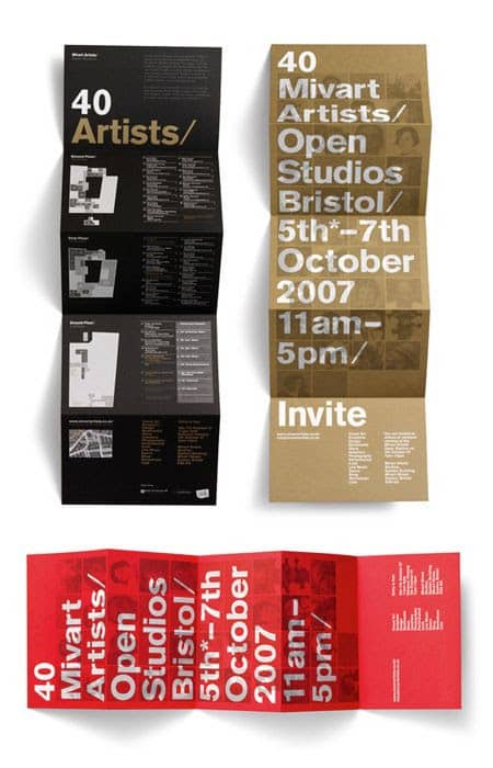 Brochure for an art event using bold typography to highlight event details.