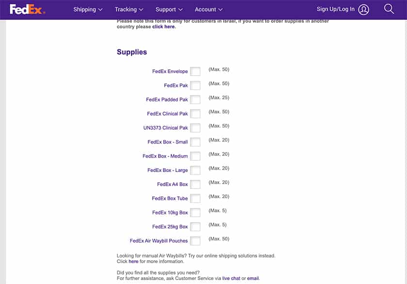 Screenshot of FedEx orders