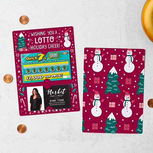 Gift tag with business card and lottery ticket attached that says, "Wishing you a lotto holiday cheer!"