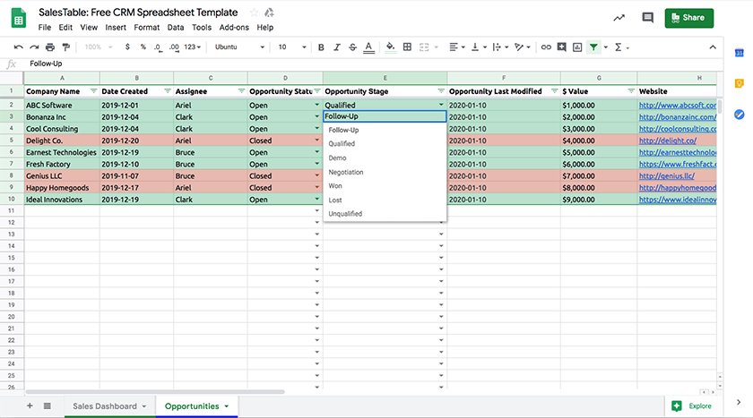 Google spreadsheets CRM template.