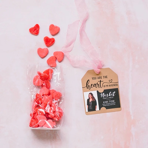 Heart candy with gift tag that says, "You are the heart of my business."