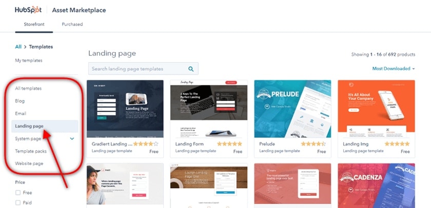 HubSpot landing page templates library.