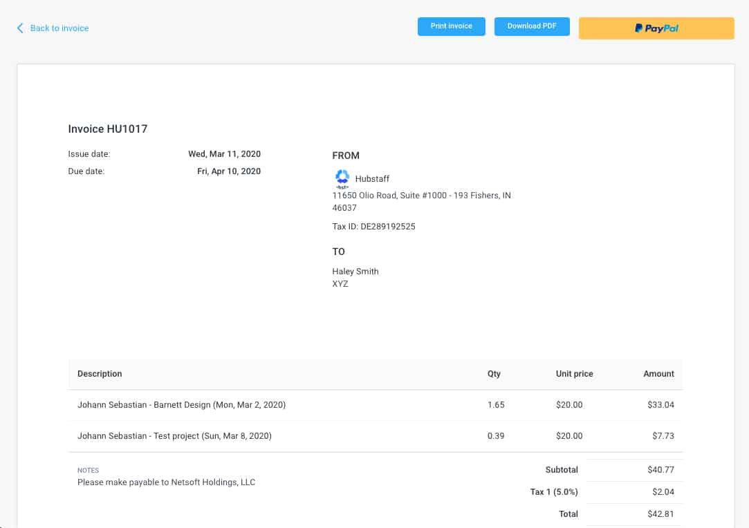 Screenshot of Hubstaff online invoicing software