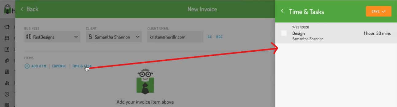 Screenshot of Hurdlr Adding Hours Worked Invoice