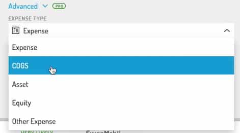 Screenshot of the expense types when recording a disbursement.