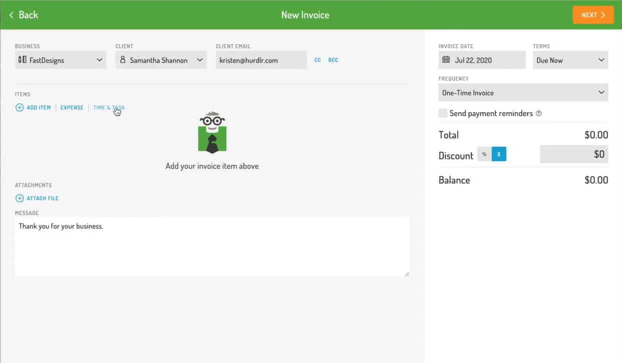Screenshot of Hurdlr's invoice creation screen.