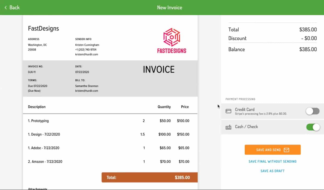 Screenshot of Hurdlr Finalizing an Invoice