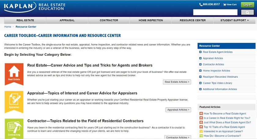 Screenshot of Kaplan's real estate career toolbox.