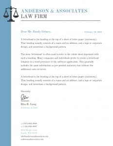 A letterhead from a law firm with a blue border on the left side.